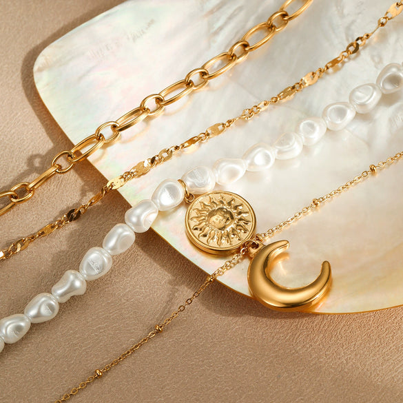 Wholesale Multi Layer Stacked Baroque Pearl Style Stainless Steel Clavicle Chain With Geometric Pattern And Electroplating For Women