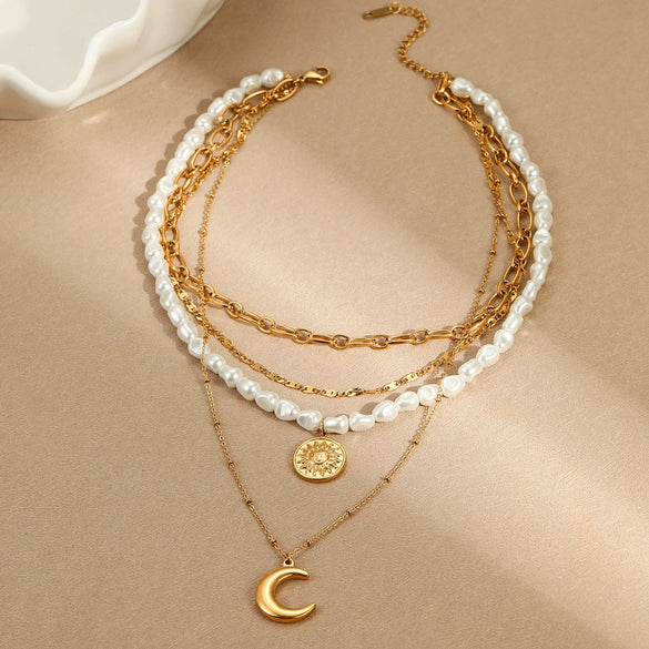 Wholesale Multi Layer Stacked Baroque Pearl Style Stainless Steel Clavicle Chain With Geometric Pattern And Electroplating For Women