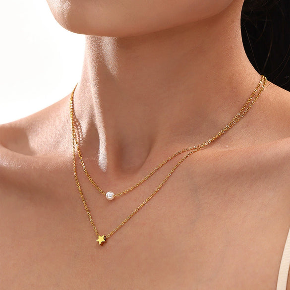 Wholesale Multi Layer Star Bead Design Light Luxury Titanium Steel Necklace With Electroplating For Women