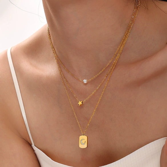 Wholesale Multi Layer Star Bead Design Light Luxury Titanium Steel Necklace With Electroplating For Women