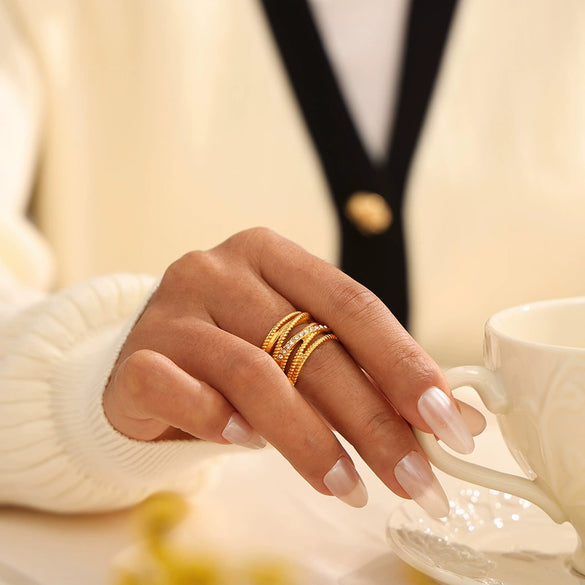 Wholesale Multi Layer Twist Cross Diamond Hollow Ring 316L Stainless Steel 18K Gold Plated Geometric Style For Women