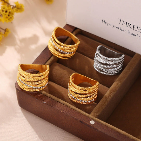 Wholesale Multi Layer Twist Cross Diamond Hollow Ring 316L Stainless Steel 18K Gold Plated Geometric Style For Women