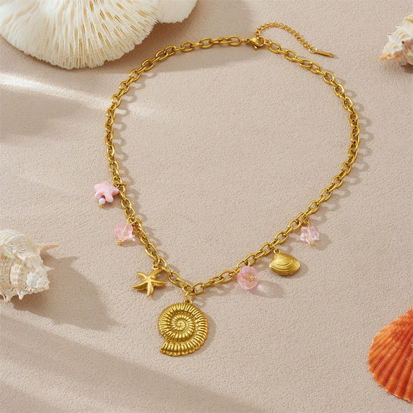 Wholesale Multielement Conch Starfish Shell Stainless Steel Goldplated Pendant Unisex Necklace
