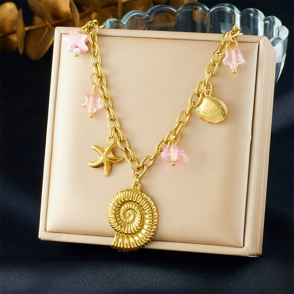 Wholesale Multielement Conch Starfish Shell Stainless Steel Goldplated Pendant Unisex Necklace