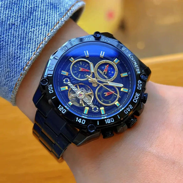 Wholesale Multifunctional Fully Automatic Mechanical Men's Watch With Round Dial Alloy Case Stainless Steel Buckle And Genuine Leather Strap
