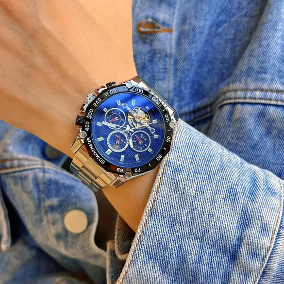 Wholesale Multifunctional Fully Automatic Mechanical Men's Watch With Round Dial Alloy Case Stainless Steel Buckle And Genuine Leather Strap