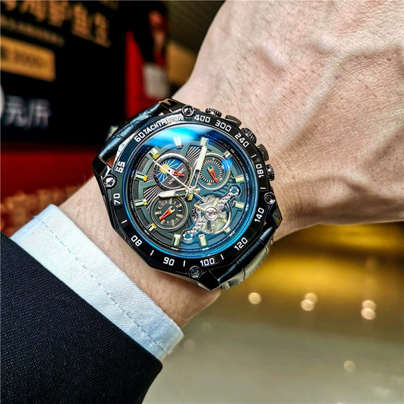 Wholesale Multifunctional Fully Automatic Mechanical Men's Watch With Round Dial Alloy Case Stainless Steel Buckle And Genuine Leather Strap