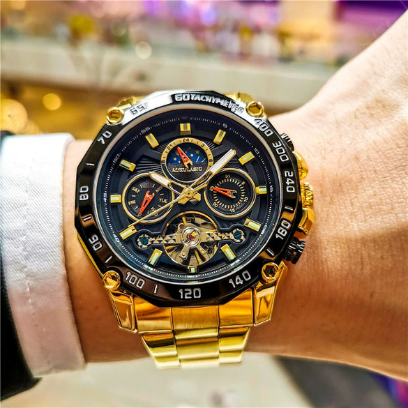 Wholesale Multifunctional Fully Automatic Mechanical Men's Watch With Round Dial Alloy Case Stainless Steel Buckle And Genuine Leather Strap