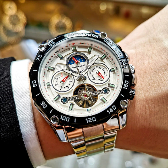 Wholesale Multifunctional Fully Automatic Mechanical Men's Watch With Round Dial Alloy Case Stainless Steel Buckle And Genuine Leather Strap