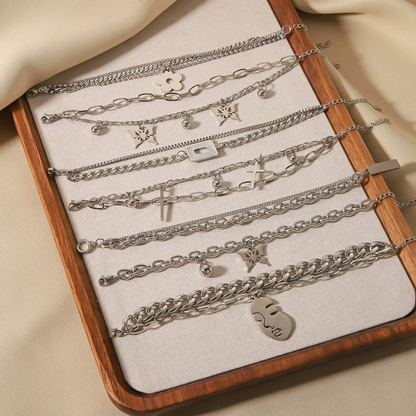 Wholesale Multilayer Chain Cuban Style Stainless Steel Bracelet With Butterfly Cross Pendant 18K Vacuum Plated For Women And Unisex