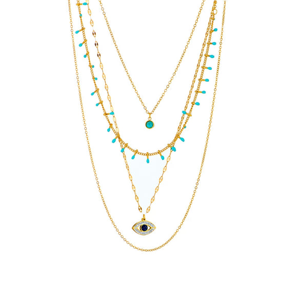 Wholesale Multilayer Chain Irregular Diamond Eye Turquoise Pendant Titanium Steel Vintage Necklace With Geometric Pattern And Electroplating Treatment