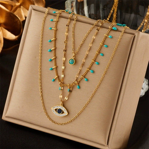Wholesale Multilayer Chain Irregular Diamond Eye Turquoise Pendant Titanium Steel Vintage Necklace With Geometric Pattern And Electroplating Treatment