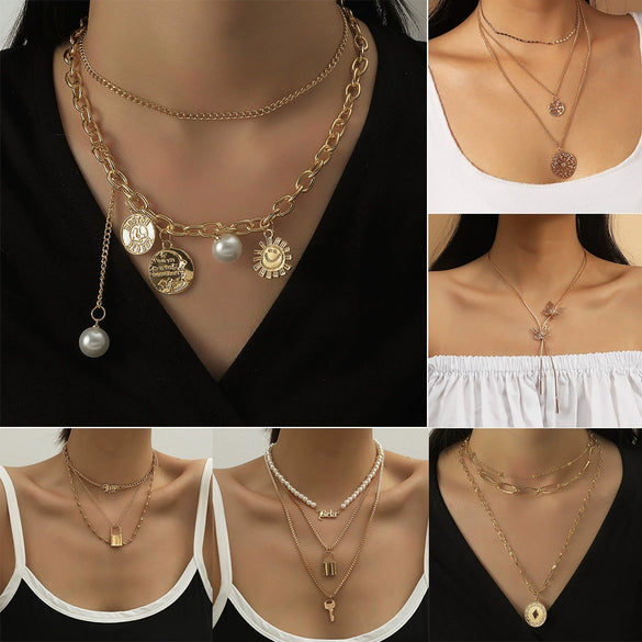 Wholesale Multilayer Hip Hop Style Alloy Cross Chain Pendant Clavicle Sweater Necklace With Electroplating
