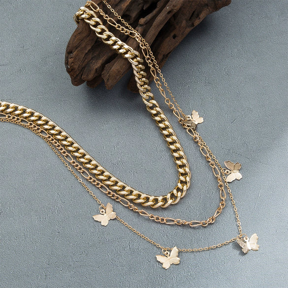 Wholesale Multilayer Metal Butterfly Rough Chain Clavicle Necklace For Women Alloy Electroplated