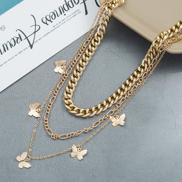 Wholesale Multilayer Metal Butterfly Rough Chain Clavicle Necklace For Women Alloy Electroplated