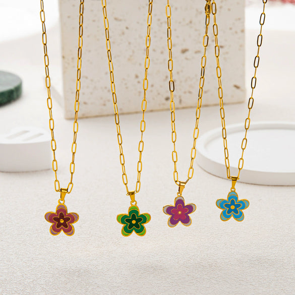 Wholesale Multilayer Minimalist Oil Drop Flower Pendant Necklace With Paper Clip Chain Titanium Steel 18K Gold Electroplated Unisex