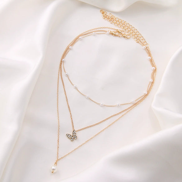Wholesale Multilayer Pearl Diamond Butterfly Pendant Necklace For Ladies In Ins Style Alloy Material With Electroplating