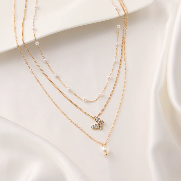 Wholesale Multilayer Pearl Diamond Butterfly Pendant Necklace For Ladies In Ins Style Alloy Material With Electroplating