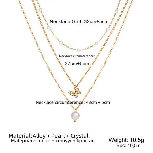 Wholesale Multilayer Pearl Diamond Butterfly Pendant Necklace For Ladies In Ins Style Alloy Material With Electroplating