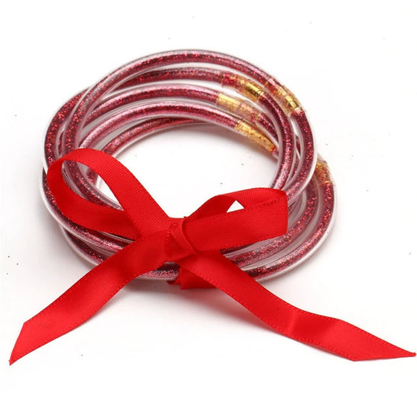 Wholesale Multilayer Silicone Gold Powder Ribbon Bracelet Suit With Bow And Geometric Pattern For Women