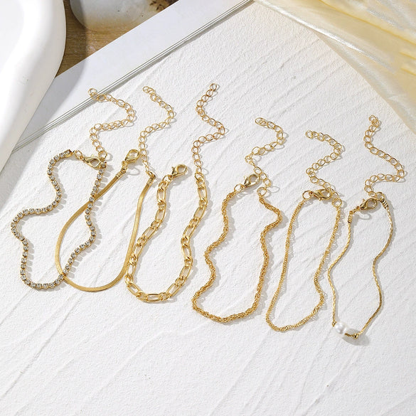 Wholesale Multilayer Twist Chain Snake Bone Chain Bracelet Set Alloy Geometric Pattern Inlaid Rhinestone Pearl For Women