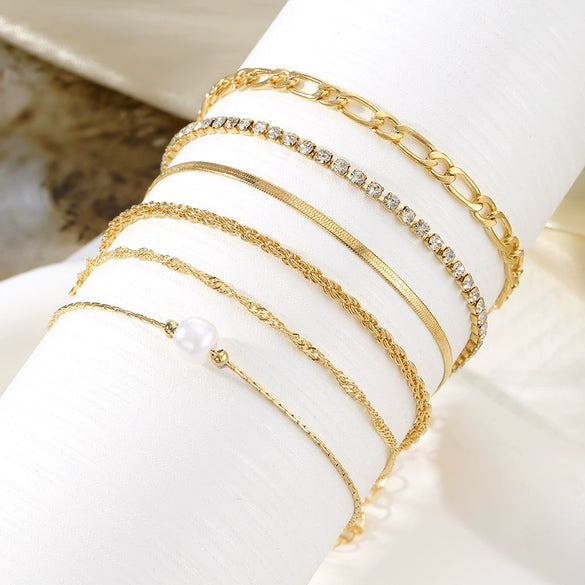 Wholesale Multilayer Twist Chain Snake Bone Chain Bracelet Set Alloy Geometric Pattern Inlaid Rhinestone Pearl For Women