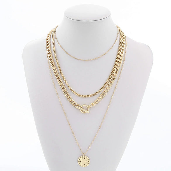 Wholesale Multilayered Geometric Adjustable Metal Cross Chain Necklace For Women With Electroplating