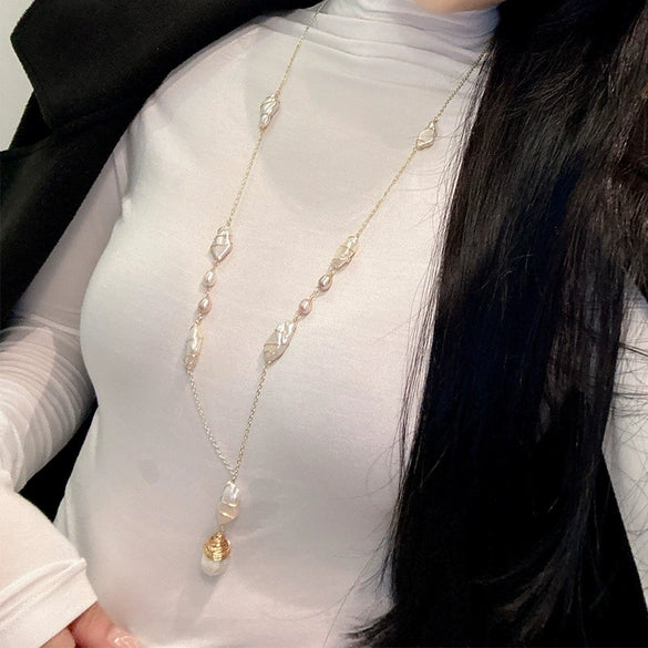 Wholesale Natural Baroque Pearl Long Sweater Chain With Geometric Pattern For Women Retro Beaded Clavicle Chain Jewelry
