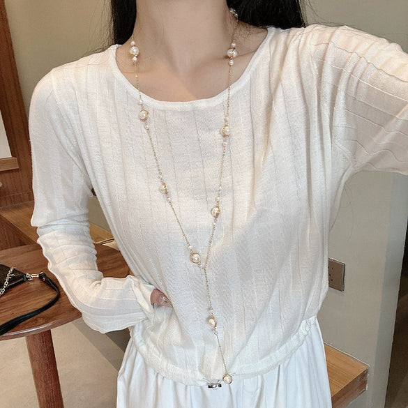 Wholesale Natural Baroque Pearl Long Sweater Chain With Geometric Pattern For Women Retro Beaded Clavicle Chain Jewelry