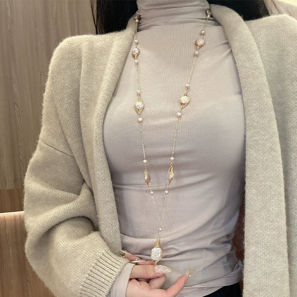 Wholesale Natural Baroque Pearl Long Sweater Chain With Geometric Pattern For Women Retro Beaded Clavicle Chain Jewelry