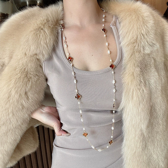 Wholesale Natural Baroque Pearl Long Sweater Chain With Geometric Pattern For Women Retro Beaded Clavicle Chain Jewelry