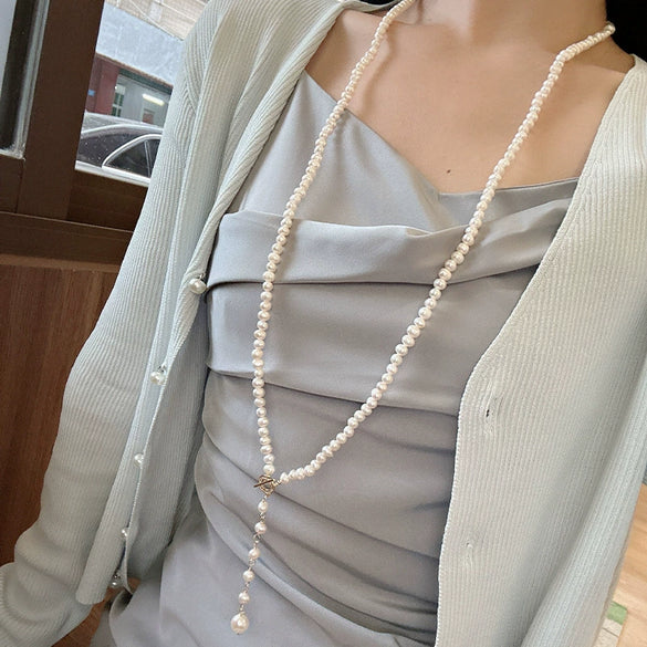 Wholesale Natural Baroque Pearl Long Sweater Chain With Geometric Pattern For Women Retro Beaded Clavicle Chain Jewelry