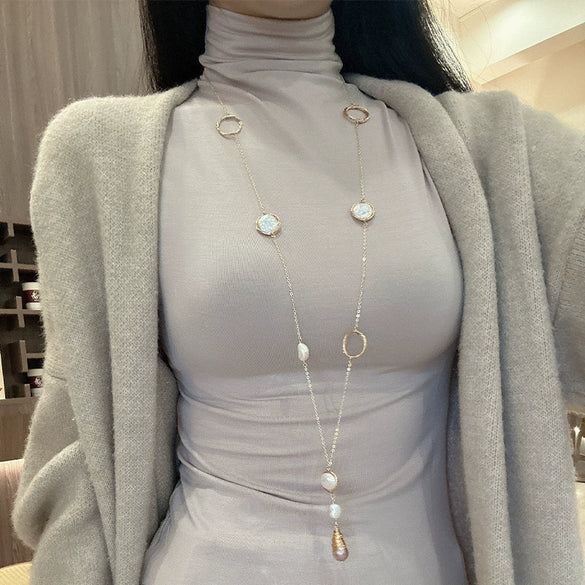 Wholesale Natural Baroque Pearl Long Sweater Chain With Geometric Pattern For Women Retro Beaded Clavicle Chain Jewelry