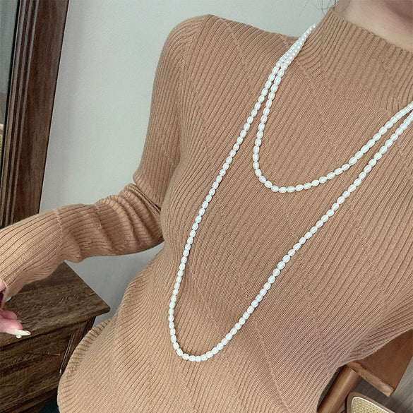 Wholesale Natural Baroque Pearl Long Sweater Chain With Geometric Pattern For Women Retro Beaded Clavicle Chain Jewelry