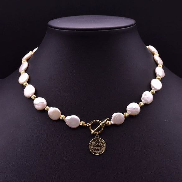 Wholesale Natural Baroque Pearl Necklace With Portrait Coin Pendant Electroplated Handmade Beaded Chain Retro Geometric Style