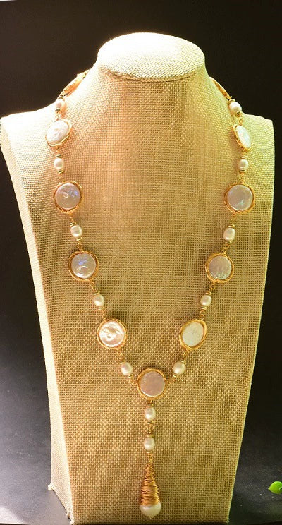 Wholesale Natural Baroque Pearl Necklace With Portrait Coin Pendant Electroplated Handmade Beaded Chain Retro Geometric Style