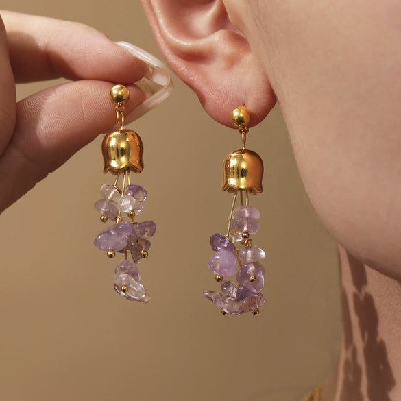Wholesale Natural Crystal Stone Lily Of The Valley Tassel Long Earrings With Geometric Shape For Women Stainless Steel Electroplating Design