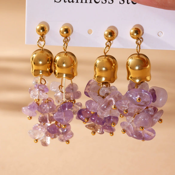 Wholesale Natural Crystal Stone Lily Of The Valley Tassel Long Earrings With Geometric Shape For Women Stainless Steel Electroplating Design