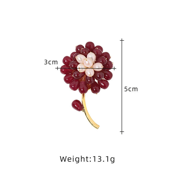 Wholesale Natural Flower Style Freshwater Pearl And Red Agate Handmade Electroplated Brooch Fashion Pin