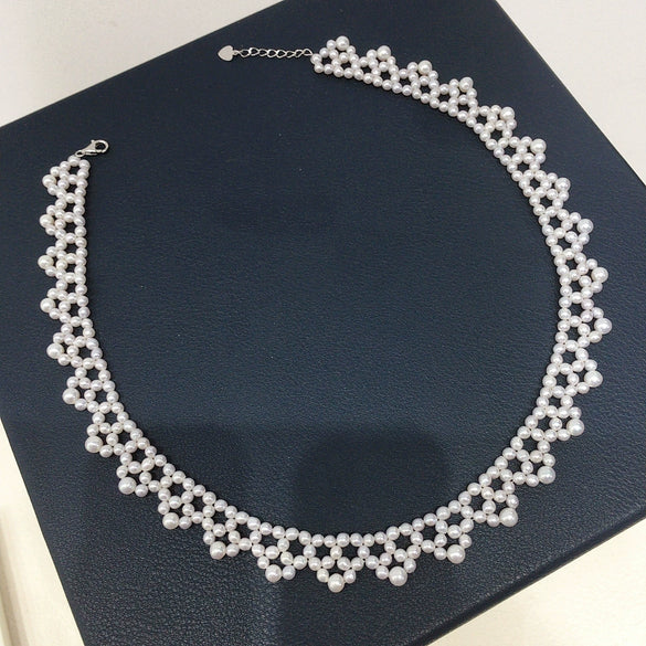 Wholesale Natural Freshwater Pearl And 925 Silver Necklace Braided Retro Style Round Shape