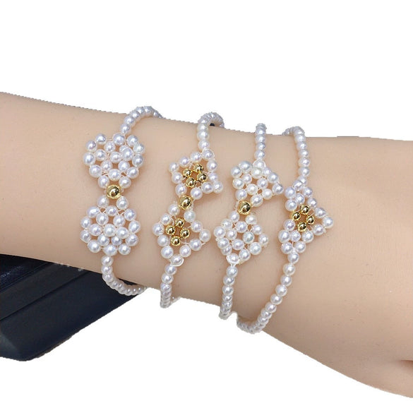 Wholesale Natural Freshwater Pearl Bracelet With Round Shape Copper Alloy Woven Hand Jewelry For Women