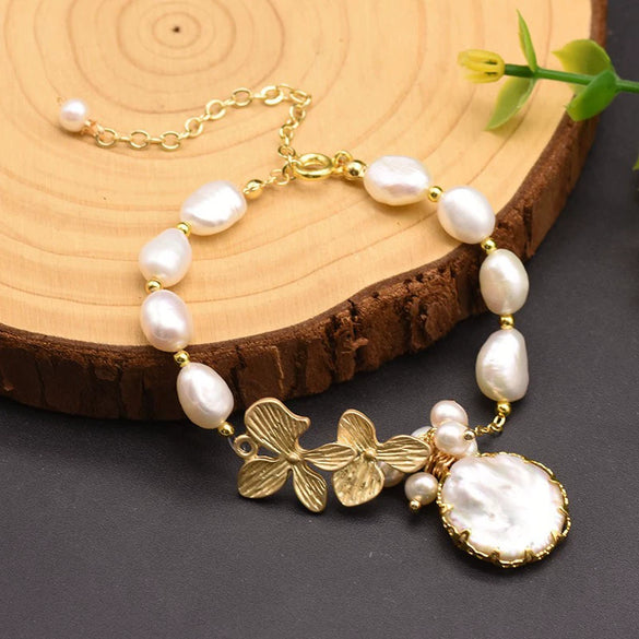 Wholesale Natural Freshwater Pearl Bracelet With Two Sided Light Retro Design Geometric Shape Electroplated Beaded Jewelry That Doesn't Fade