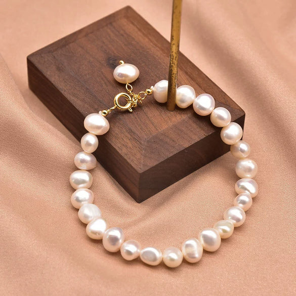 Wholesale Natural Freshwater Pearl Bracelet With Two Sided Light Retro Design Geometric Shape Electroplated Beaded Jewelry That Doesn't Fade