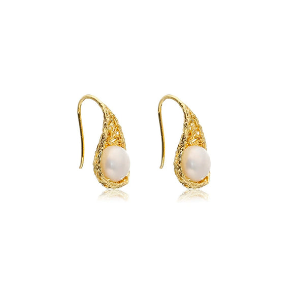 Wholesale Natural Freshwater Pearl Ear Hooks With Retro Bird's Nest Niche Design S925 Silver Needle Earrings 18K Real Gold Plated
