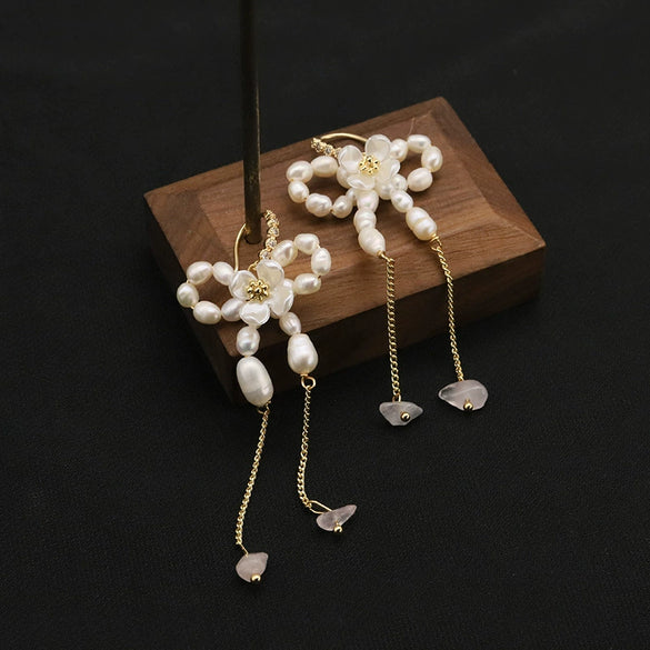 Wholesale Natural Freshwater Pearl Earrings With Long Tassel Butterfly Design Geometric Style S925 Silver Needle Ear Hook Jewelry For Women