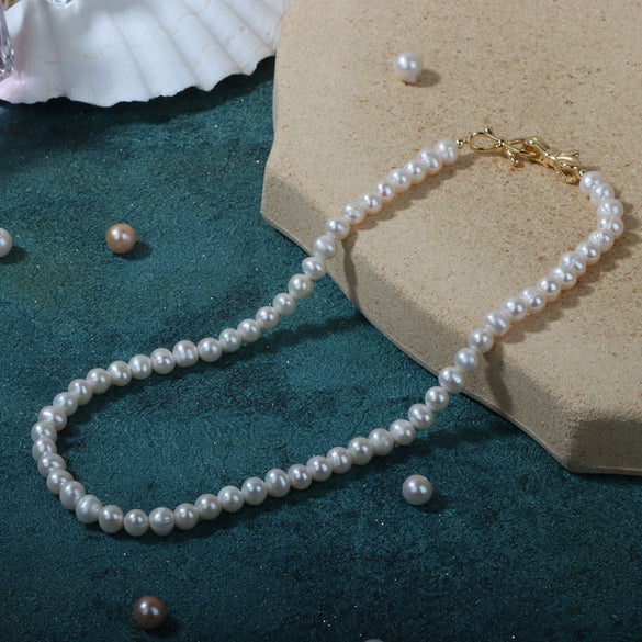 Wholesale Natural Freshwater Pearl Necklace Copper Accessories Near Circle Shape Bow Buckle
