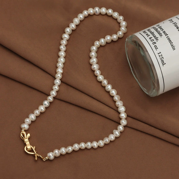 Wholesale Natural Freshwater Pearl Necklace Copper Accessories Near Circle Shape Bow Buckle