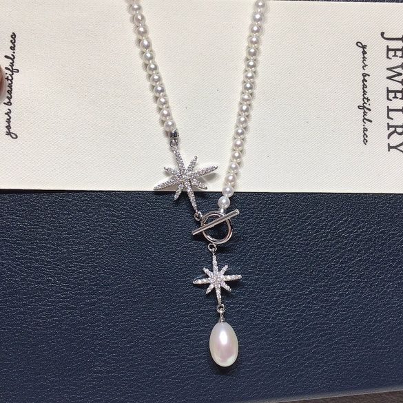 Wholesale Natural Freshwater Pearl Necklace With Sixpointed Star Nearly Round Pearl Pendant And Copper Chain