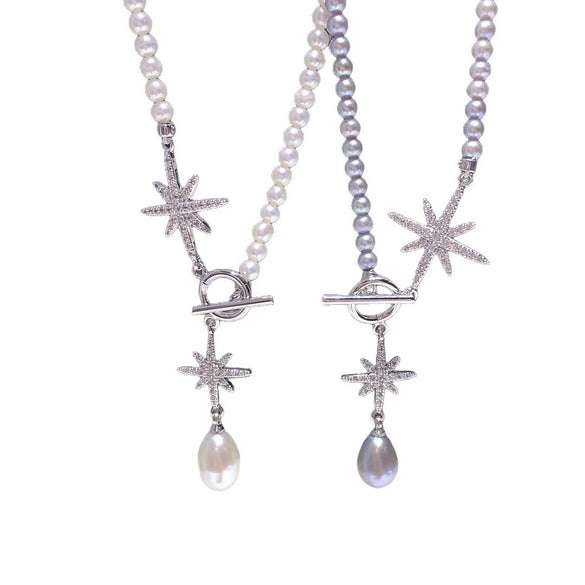 Wholesale Natural Freshwater Pearl Necklace With Sixpointed Star Nearly Round Pearl Pendant And Copper Chain