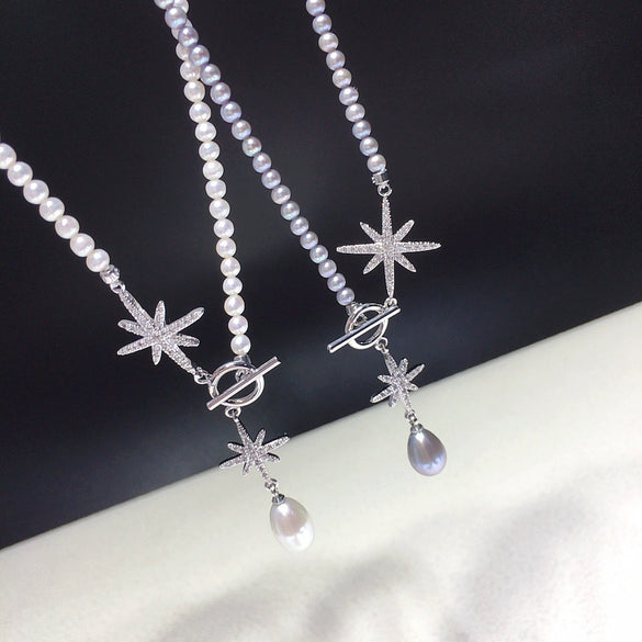 Wholesale Natural Freshwater Pearl Necklace With Sixpointed Star Nearly Round Pearl Pendant And Copper Chain